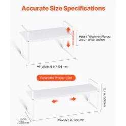 VEVOR Adjustable Kitchen Cabinet Shelf Organizer, Expandable 2 Tier Cabinet Shelf, Stackable Countertop Organizers and Storage Shelf Risers, Pantry Organizers for Kitchen Bathroom Office, White