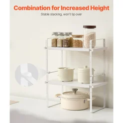VEVOR Adjustable Kitchen Cabinet Shelf Organizer, Expandable 2 Tier Cabinet Shelf, Stackable Countertop Organizers and Storage Shelf Risers, Pantry Organizers for Kitchen Bathroom Office, White