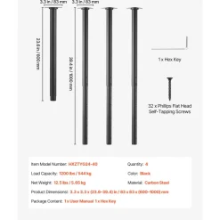 VEVOR Adjustable Table Legs, 24-40 in Round Steel Furniture Legs, 1200 lbs Max Load Heavy Duty, Quick Installation, Ideal for Home Office Desk DIY, Coffee Dinner Bar Tables, Workbenches, 4 PCS, Black