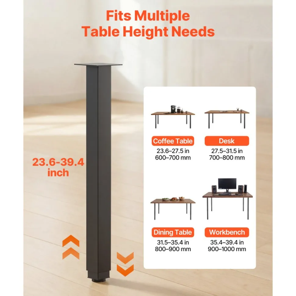 VEVOR Adjustable Table Legs, 24-40 in Square Steel Furniture Legs, 1200 lbs Max Load Heavy Duty, Quick Installation, Ideal for Home Office Desk DIY, Coffee Dinner Bar Tables, Workbenches, 4 PCS, Black