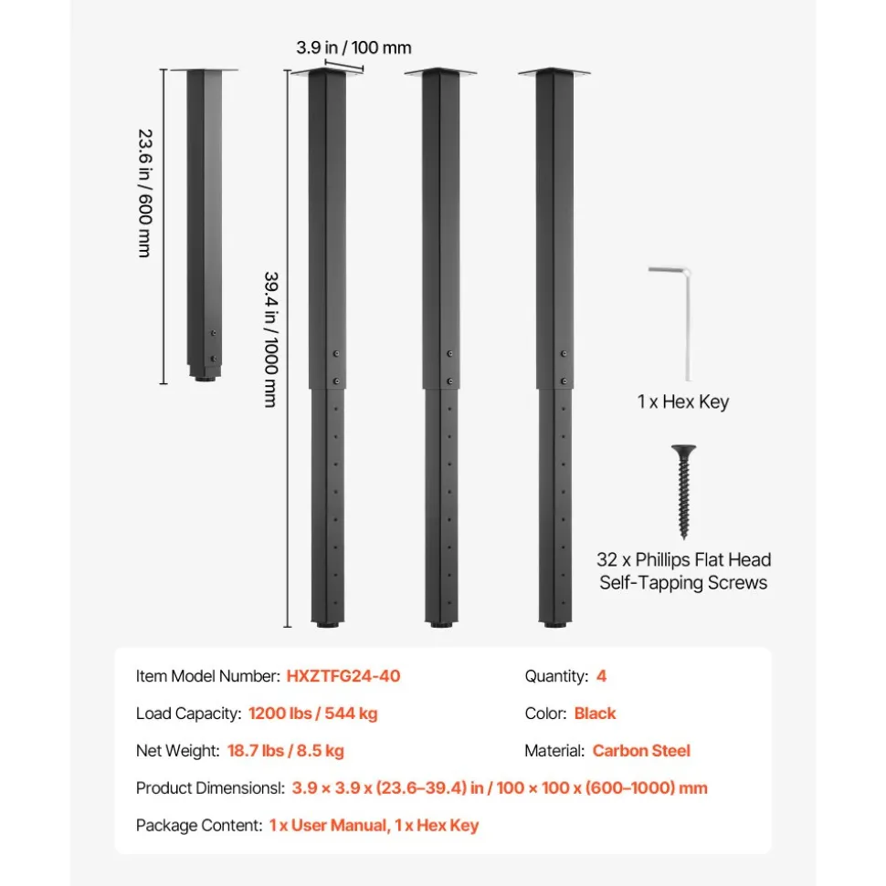 VEVOR Adjustable Table Legs, 24-40 in Square Steel Furniture Legs, 1200 lbs Max Load Heavy Duty, Quick Installation, Ideal for Home Office Desk DIY, Coffee Dinner Bar Tables, Workbenches, 4 PCS, Black