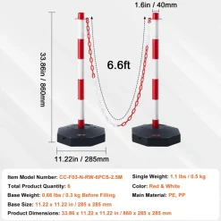 VEVOR Adjustable Traffic Delineator Post Cones, 6 Pack, Traffic Safety Delineator Barrier with Fillable Base 6.6FT Chain, for Traffic Control Warning Parking Lot Construction Caution Roads, Red&White