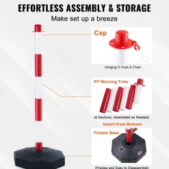 VEVOR Adjustable Traffic Delineator Post Cones, 6 Pack, Traffic Safety Delineator Barrier with Fillable Base 6.6FT Chain, for Traffic Control Warning Parking Lot Construction Caution Roads, Red&White