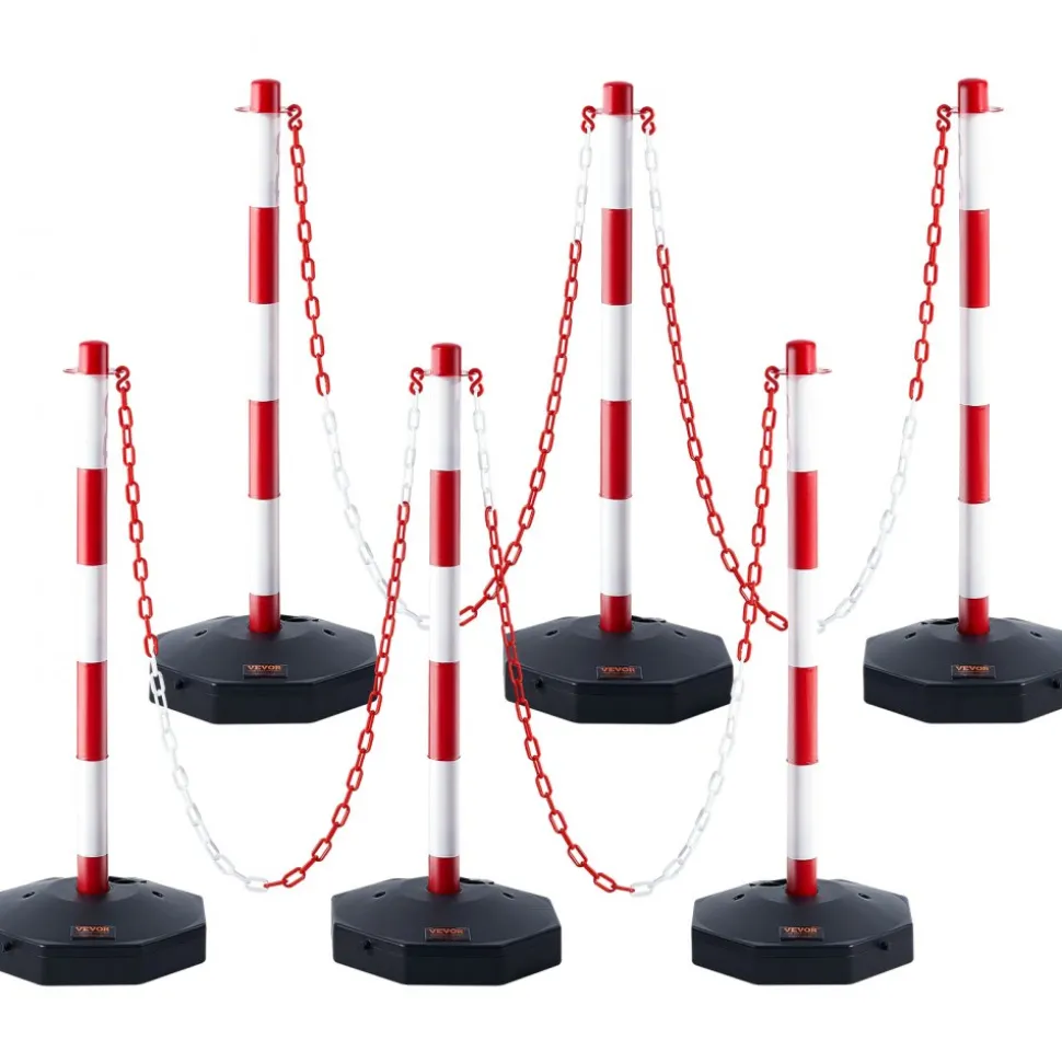 VEVOR Adjustable Traffic Delineator Post Cones, 6 Pack, Traffic Safety Delineator Barrier with Fillable Base 6.6FT Chain, for Traffic Control Warning Parking Lot Construction Caution Roads, Red&White