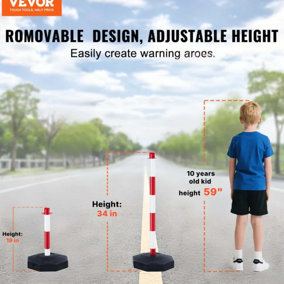 VEVOR Adjustable Traffic Delineator Post Cones, 6 Pack, Traffic Safety Delineator Barrier with Fillable Base 6.6FT Chain, for Traffic Control Warning Parking Lot Construction Caution Roads, Red&White