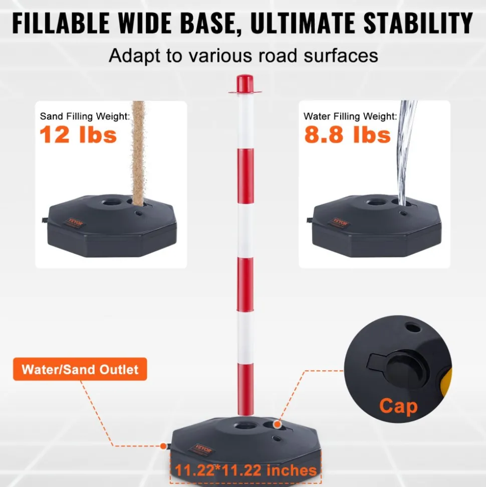 VEVOR Adjustable Traffic Delineator Post Cones, 6 Pack, Traffic Safety Delineator Barrier with Fillable Base 6.6FT Chain, for Traffic Control Warning Parking Lot Construction Caution Roads, Red&White