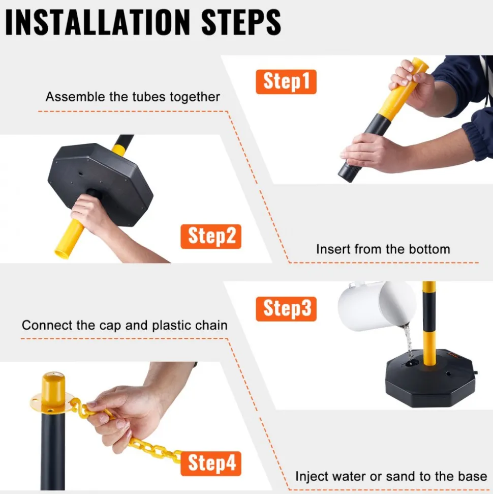 VEVOR Adjustable Traffic Delineator Post Cones, 6 Pack, Traffic Safety Delineator Barrier with Fillable Base 8FT Chain, for Traffic Control Warning Parking Lot Construction Caution Roads, Yellow&Black
