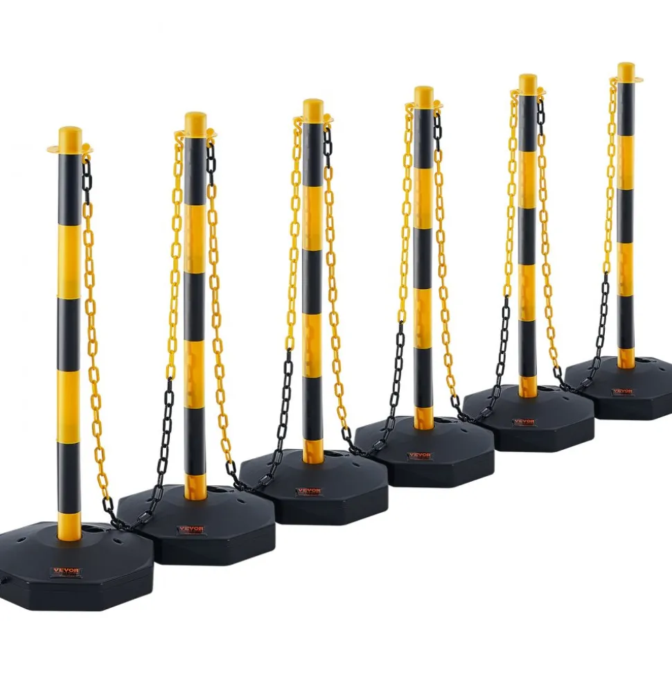 VEVOR Adjustable Traffic Delineator Post Cones, 6 Pack, Traffic Safety Delineator Barrier with Fillable Base 8FT Chain, for Traffic Control Warning Parking Lot Construction Caution Roads, Yellow&Black