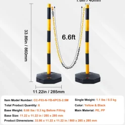 VEVOR Adjustable Traffic Delineator Post Cones, 6 Pack, Traffic Safety Delineator Barrier with Fillable Base 8FT Chain, for Traffic Control Warning Parking Lot Construction Caution Roads, Yellow&Black