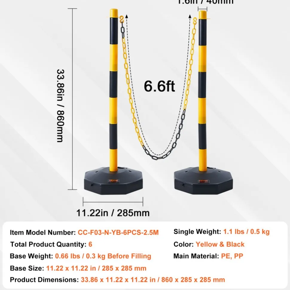 VEVOR Adjustable Traffic Delineator Post Cones, 6 Pack, Traffic Safety Delineator Barrier with Fillable Base 8FT Chain, for Traffic Control Warning Parking Lot Construction Caution Roads, Yellow&Black