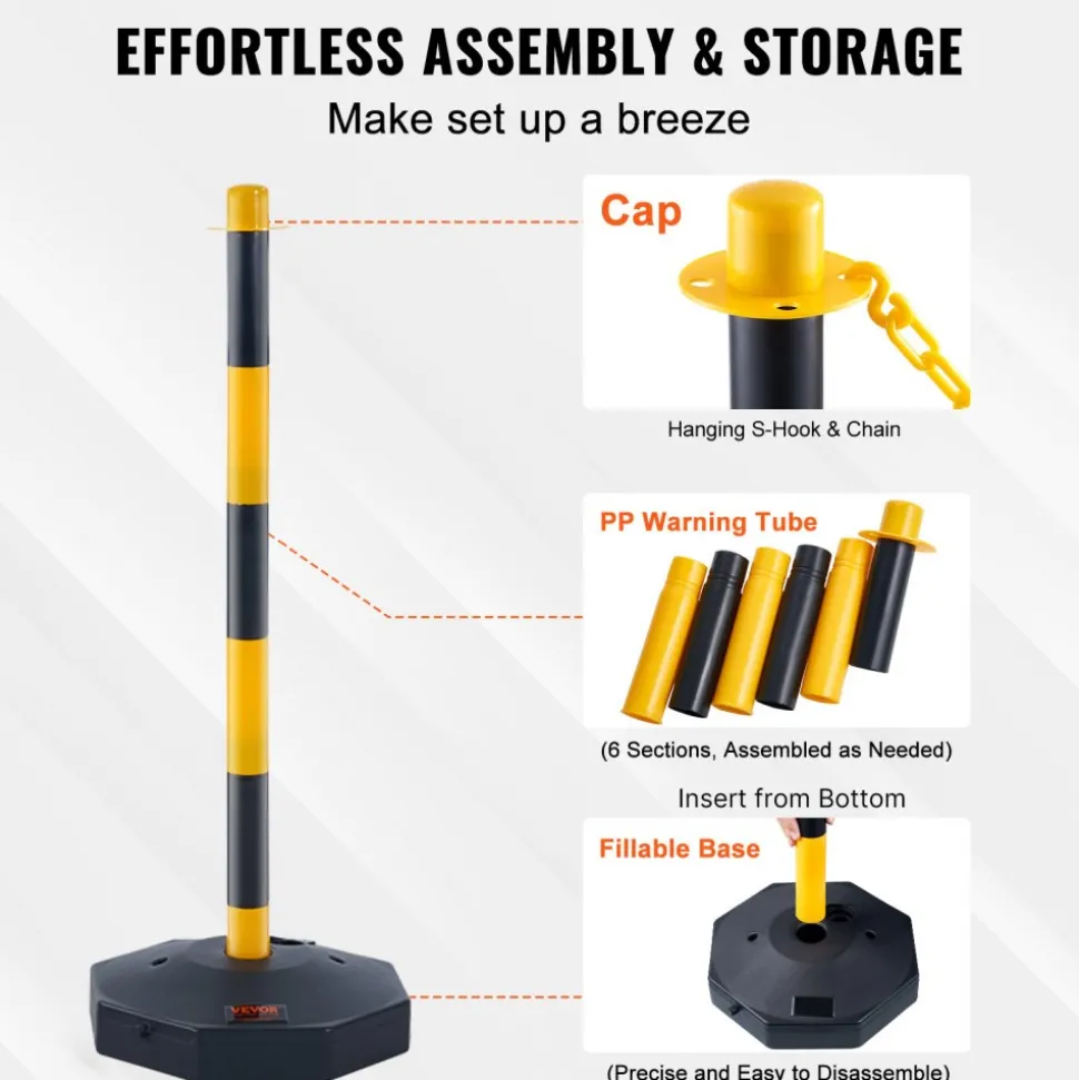 VEVOR Adjustable Traffic Delineator Post Cones, 6 Pack, Traffic Safety Delineator Barrier with Fillable Base 8FT Chain, for Traffic Control Warning Parking Lot Construction Caution Roads, Yellow&Black