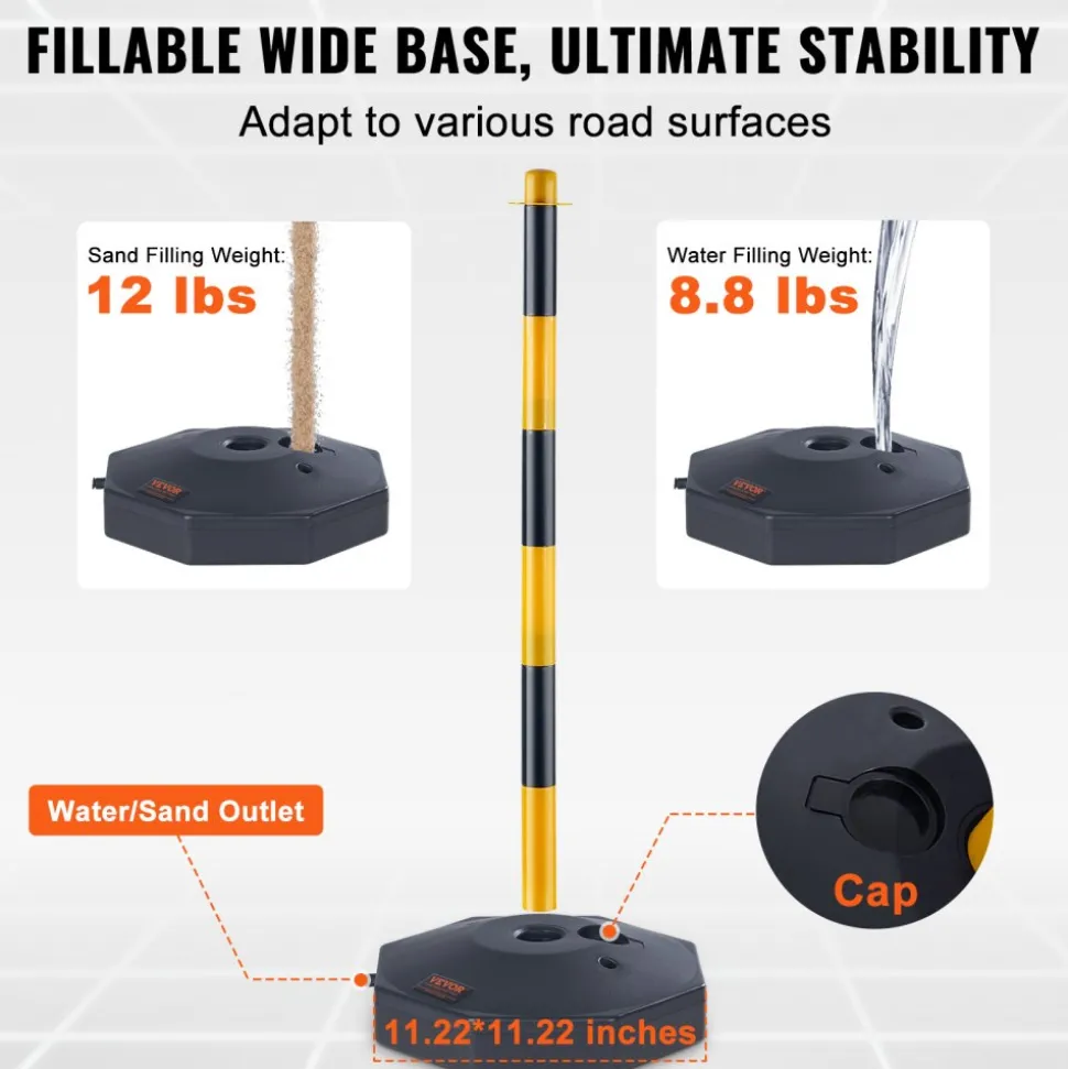 VEVOR Adjustable Traffic Delineator Post Cones, 6 Pack, Traffic Safety Delineator Barrier with Fillable Base 8FT Chain, for Traffic Control Warning Parking Lot Construction Caution Roads, Yellow&Black