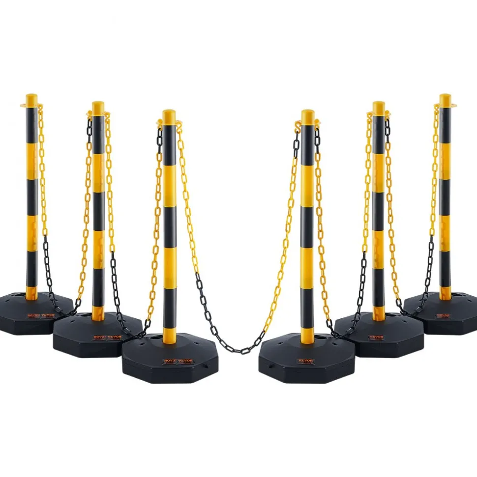 VEVOR Adjustable Traffic Delineator Post Cones, 6 Pack, Traffic Safety Delineator Barrier with Fillable Base 8FT Chain, for Traffic Control Warning Parking Lot Construction Caution Roads, Yellow&Black