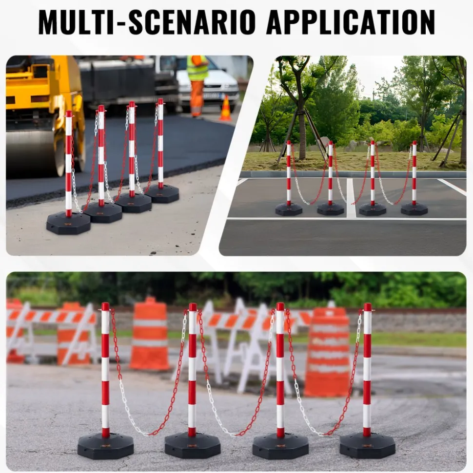 VEVOR Adjustable Traffic Delineator Post Cones, 4 Pack, Traffic Safety Delineator Barrier with Fillable Base 8FT Chain, for Traffic Control Warning Parking Lot Construction Caution Roads, Red & White