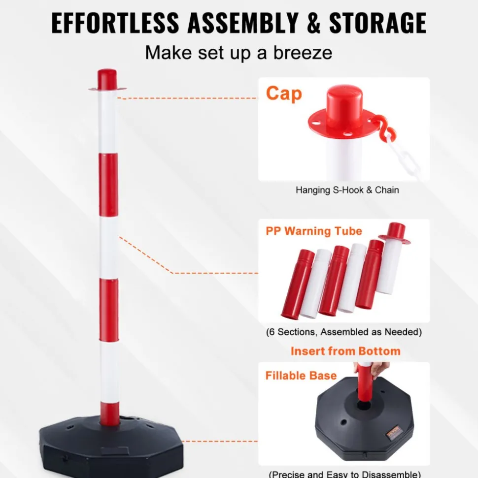 VEVOR Adjustable Traffic Delineator Post Cones, 4 Pack, Traffic Safety Delineator Barrier with Fillable Base 8FT Chain, for Traffic Control Warning Parking Lot Construction Caution Roads, Red & White