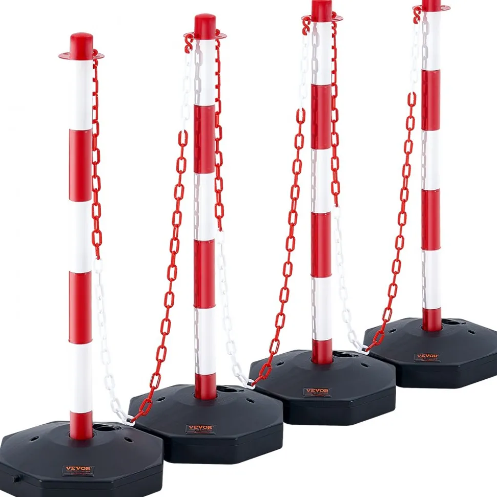 VEVOR Adjustable Traffic Delineator Post Cones, 4 Pack, Traffic Safety Delineator Barrier with Fillable Base 8FT Chain, for Traffic Control Warning Parking Lot Construction Caution Roads, Red & White