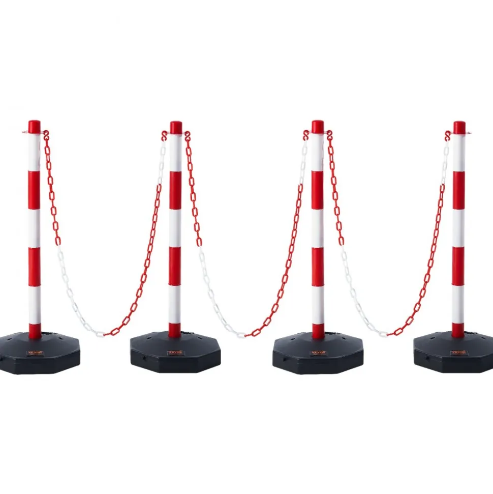 VEVOR Adjustable Traffic Delineator Post Cones, 4 Pack, Traffic Safety Delineator Barrier with Fillable Base 8FT Chain, for Traffic Control Warning Parking Lot Construction Caution Roads, Red & White