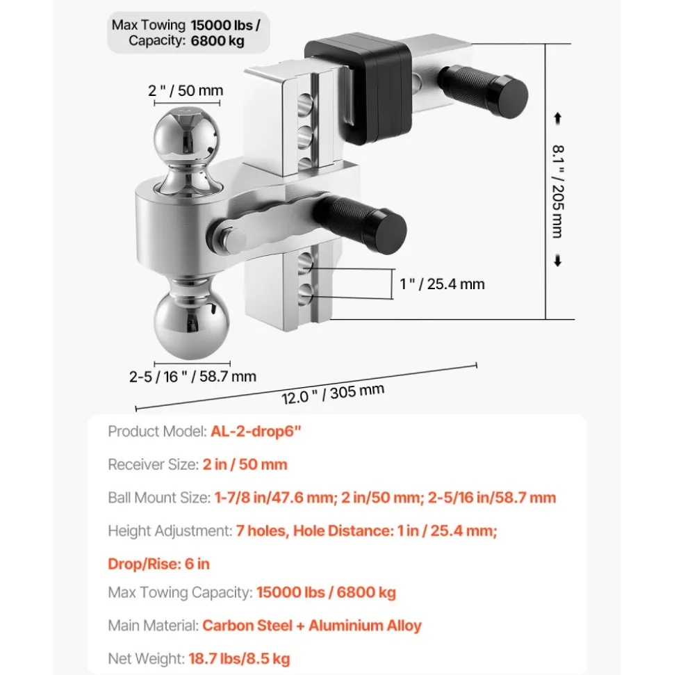 VEVOR Adjustable Trailer Hitch, 6-Inch Drop Hitch, Tri-Ball Mount for 2-Inch Hitch Receiver, Trailer Ball Size 1-7/8", 2" and 2-5/16", Max 15000 lbs Ball Hitch, Towing Hitch for RVs, ATVs, and Trucks