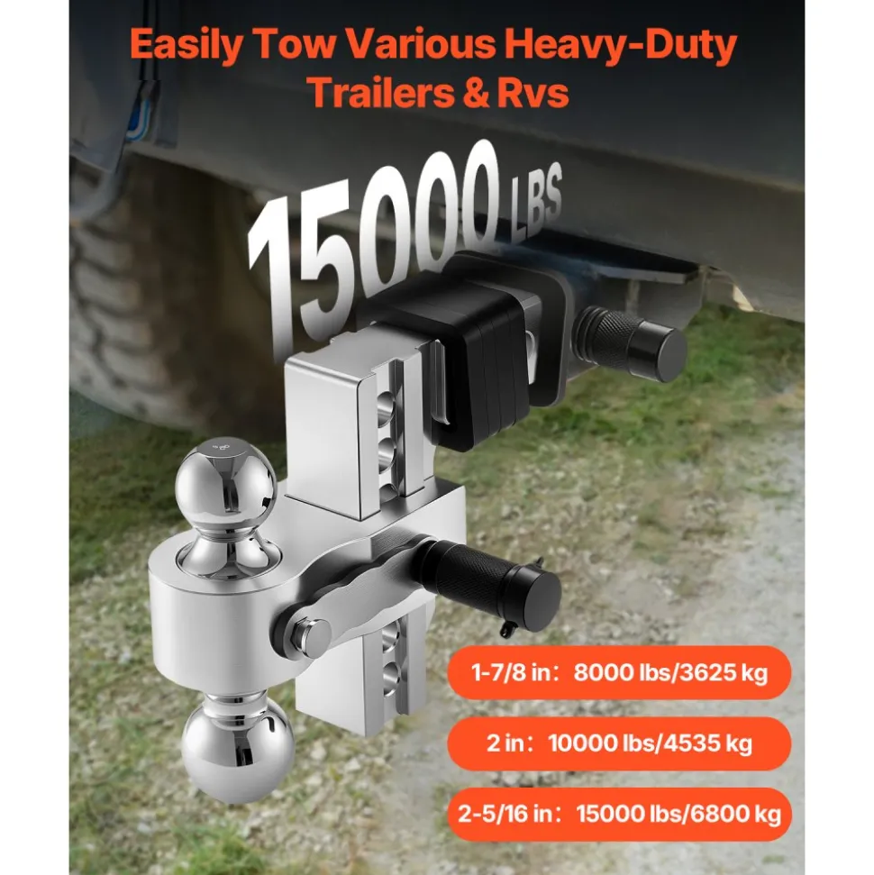 VEVOR Adjustable Trailer Hitch, 6-Inch Drop Hitch, Tri-Ball Mount for 2-Inch Hitch Receiver, Trailer Ball Size 1-7/8", 2" and 2-5/16", Max 15000 lbs Ball Hitch, Towing Hitch for RVs, ATVs, and Trucks