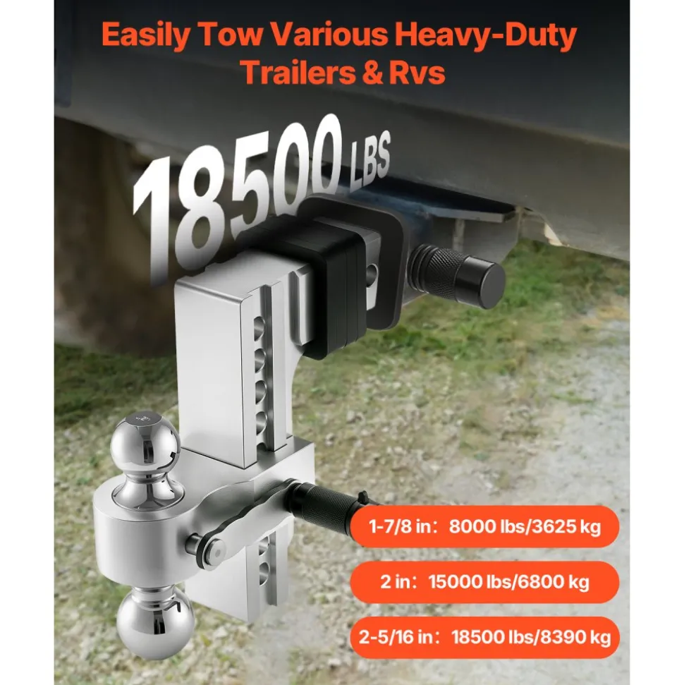 VEVOR Adjustable Trailer Hitch, 8-Inch Drop Hitch, Tri-Ball Mount for 2.5-Inch Hitch Receiver, Trailer Ball Size 1-7/8", 2" & 2-5/16", Max 18500 lbs Ball Hitch, Towing Hitch for RVs, ATVs, and Trucks