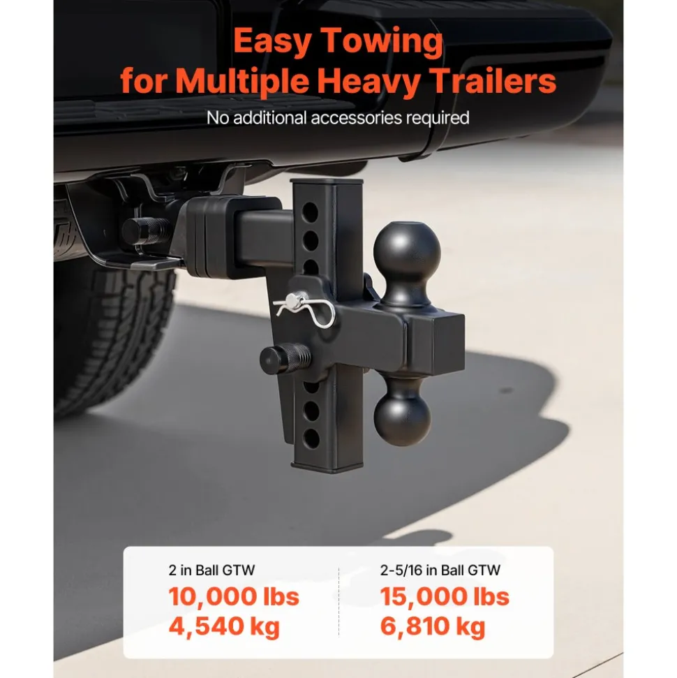 VEVOR Adjustable Trailer Hitch, Fit 2 Inch Receiver, Trailer Hitch Mount with 2 Inch & 2-5/16 Inch Balls, 15000 lbs GTW, 6 Inch Drop, Towing Ball Mounts for RVs, Off-Road Vehicles and Trucks, Black