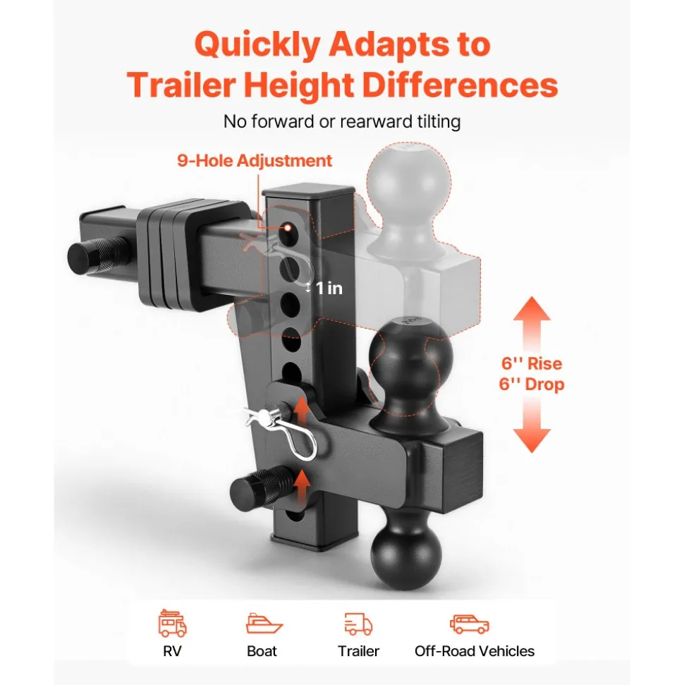 VEVOR Adjustable Trailer Hitch, Fit 2 Inch Receiver, Trailer Hitch Mount with 2 Inch & 2-5/16 Inch Balls, 15000 lbs GTW, 6 Inch Drop, Towing Ball Mounts for RVs, Off-Road Vehicles and Trucks, Black