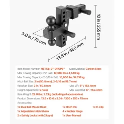 VEVOR Adjustable Trailer Hitch, Fit 2 Inch Receiver, Trailer Hitch Mount with 2 Inch & 2-5/16 Inch Balls, 15000 lbs GTW, 6 Inch Drop, Towing Ball Mounts for RVs, Off-Road Vehicles and Trucks, Black