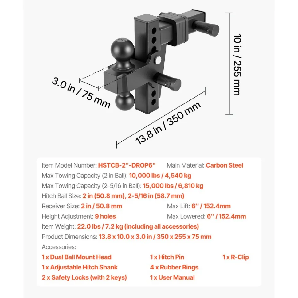 VEVOR Adjustable Trailer Hitch, Fit 2 Inch Receiver, Trailer Hitch Mount with 2 Inch & 2-5/16 Inch Balls, 15000 lbs GTW, 6 Inch Drop, Towing Ball Mounts for RVs, Off-Road Vehicles and Trucks, Black