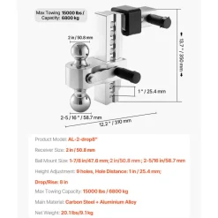 VEVOR Adjustable Trailer Hitch, 8-Inch Drop Hitch, Tri-Ball Mount for 2-Inch Hitch Receiver, Trailer Ball Size 1-7/8", 2" and 2-5/16", Max 15000 lbs Ball Hitch, Towing Hitch for RVs, ATVs, and Trucks