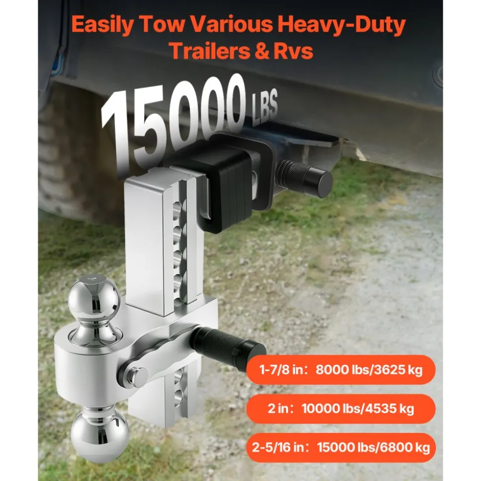 VEVOR Adjustable Trailer Hitch, 8-Inch Drop Hitch, Tri-Ball Mount for 2-Inch Hitch Receiver, Trailer Ball Size 1-7/8", 2" and 2-5/16", Max 15000 lbs Ball Hitch, Towing Hitch for RVs, ATVs, and Trucks