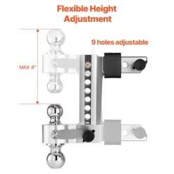 VEVOR Adjustable Trailer Hitch, 8-Inch Drop Hitch, Tri-Ball Mount for 2-Inch Hitch Receiver, Trailer Ball Size 1-7/8