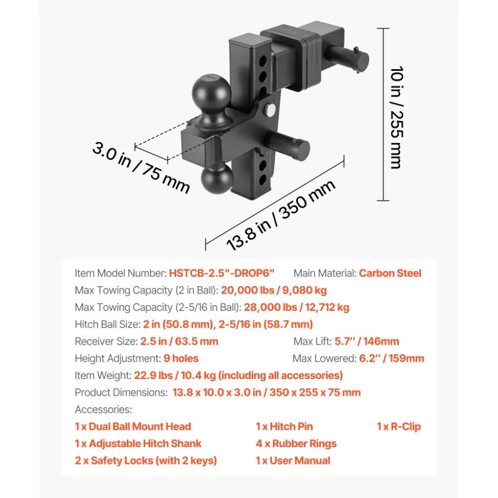 VEVOR Adjustable Trailer Hitch, Fit 2.5 Inch Receiver, Trailer Hitch Mount with 2 Inch & 2-5/16 Inch Balls, 28000 lbs GTW, 6 Inch Drop, Towing Ball Mounts for RVs, Off-Road Vehicles and Trucks, Black