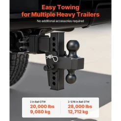 VEVOR Adjustable Trailer Hitch, Fit 2.5 Inch Receiver, Trailer Hitch Mount with 2 Inch & 2-5/16 Inch Balls, 28000 lbs GTW, 6 Inch Drop, Towing Ball Mounts for RVs, Off-Road Vehicles and Trucks, Black