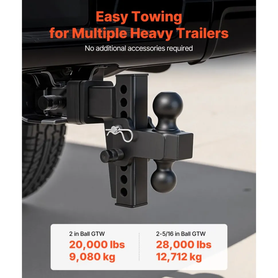 VEVOR Adjustable Trailer Hitch, Fit 2.5 Inch Receiver, Trailer Hitch Mount with 2 Inch & 2-5/16 Inch Balls, 28000 lbs GTW, 6 Inch Drop, Towing Ball Mounts for RVs, Off-Road Vehicles and Trucks, Black