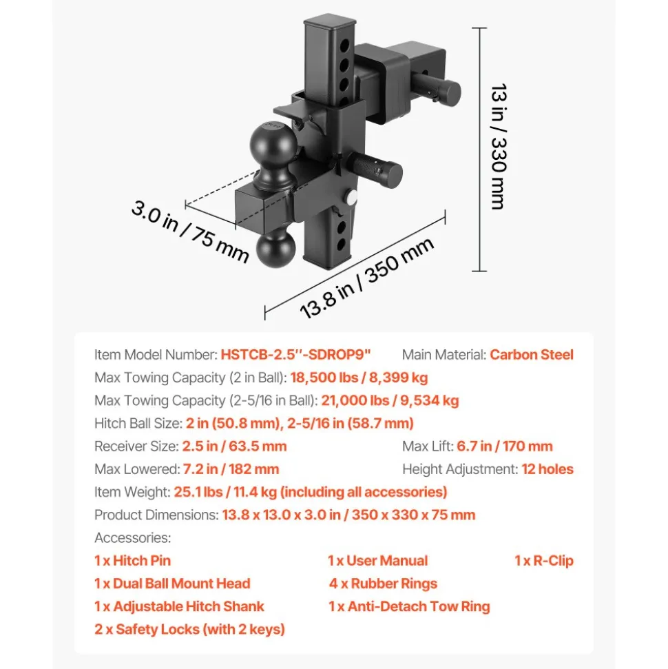VEVOR Adjustable Trailer Hitch, Fit 2.5 Inch Receiver, Trailer Hitch Mount with 2 Inch & 2-5/16 Inch Balls, 21000 lbs GTW, 9 Inch Drop, Towing Ball Mounts for RVs, Off-Road Vehicles and Trucks, Black