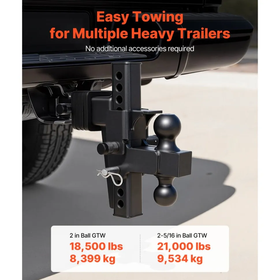 VEVOR Adjustable Trailer Hitch, Fit 2.5 Inch Receiver, Trailer Hitch Mount with 2 Inch & 2-5/16 Inch Balls, 21000 lbs GTW, 9 Inch Drop, Towing Ball Mounts for RVs, Off-Road Vehicles and Trucks, Black
