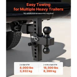 VEVOR Adjustable Trailer Hitch, Fit 2 Inch Receiver, Trailer Hitch Mount with 2 Inch & 2-5/16 Inch Balls, 18500 lbs GTW, 8 Inch Drop, Towing Ball Mounts for RVs, Off-Road Vehicles and Trucks, Black