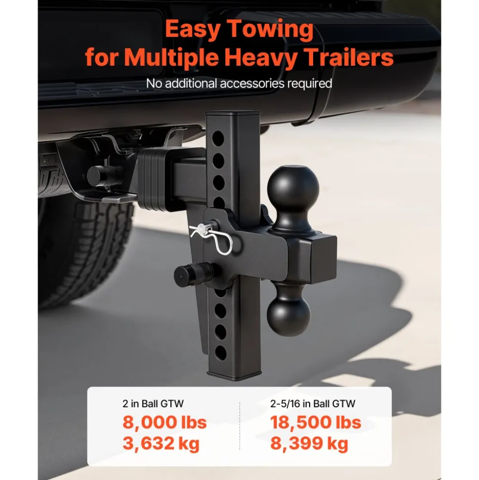 VEVOR Adjustable Trailer Hitch, Fit 2 Inch Receiver, Trailer Hitch Mount with 2 Inch & 2-5/16 Inch Balls, 18500 lbs GTW, 8 Inch Drop, Towing Ball Mounts for RVs, Off-Road Vehicles and Trucks, Black