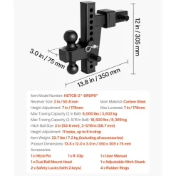 VEVOR Adjustable Trailer Hitch, Fit 2 Inch Receiver, Trailer Hitch Mount with 2 Inch & 2-5/16 Inch Balls, 18500 lbs GTW, 8 Inch Drop, Towing Ball Mounts for RVs, Off-Road Vehicles and Trucks, Black