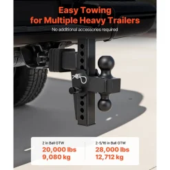 VEVOR Adjustable Trailer Hitch, Fit 2.5 Inch Receiver, Trailer Hitch Mount with 2 Inch & 2-5/16 Inch Balls, 28000 lbs GTW, 8 Inch Drop, Towing Ball Mounts for RVs, Off-Road Vehicles and Trucks, Black
