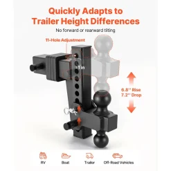 VEVOR Adjustable Trailer Hitch, Fit 2.5 Inch Receiver, Trailer Hitch Mount with 2 Inch & 2-5/16 Inch Balls, 28000 lbs GTW, 8 Inch Drop, Towing Ball Mounts for RVs, Off-Road Vehicles and Trucks, Black
