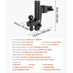 VEVOR Adjustable Trailer Hitch, Fit 2.5 Inch Receiver, Trailer Hitch Mount with 2 Inch & 2-5/16 Inch Balls, 18500 lbs GTW, 10 Inch Drop, Towing Ball Mounts for RVs, Off-Road Vehicles and Trucks, Black