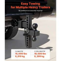 VEVOR Adjustable Trailer Hitch, Fit 2.5 Inch Receiver, Trailer Hitch Mount with 2 Inch & 2-5/16 Inch Balls, 18500 lbs GTW, 10 Inch Drop, Towing Ball Mounts for RVs, Off-Road Vehicles and Trucks, Black