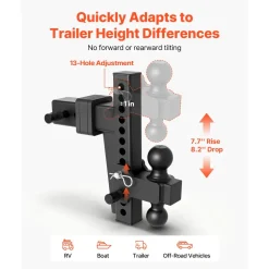 VEVOR Adjustable Trailer Hitch, Fit 2.5 Inch Receiver, Trailer Hitch Mount with 2 Inch & 2-5/16 Inch Balls, 18500 lbs GTW, 10 Inch Drop, Towing Ball Mounts for RVs, Off-Road Vehicles and Trucks, Black