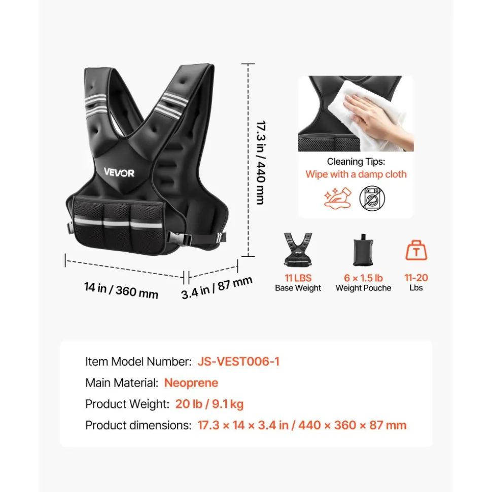 VEVOR Adjustable Weighted Vest, 11-20lb Weight Vest with 6 Ironsand Weights and Reflective Stripe, Body Weight Vest Exercise Set for Men Women, Workout Equipment for Strength Training Running Jogging