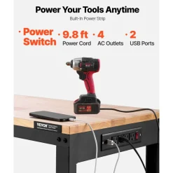 VEVOR Adjustable Workbench, 2000 lbs Capacity, 61 x 20-inch Heavy Duty Work Bench with 27.1-36 Inches Height Adjustment, Garage Workbench with Power Outlets, Suitable for Office, Garage, Workshop