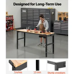 VEVOR Adjustable Workbench, 2000 lbs Capacity, 61 x 20-inch Heavy Duty Work Bench with 27.1-36 Inches Height Adjustment, Garage Workbench with Power Outlets, Suitable for Office, Garage, Workshop
