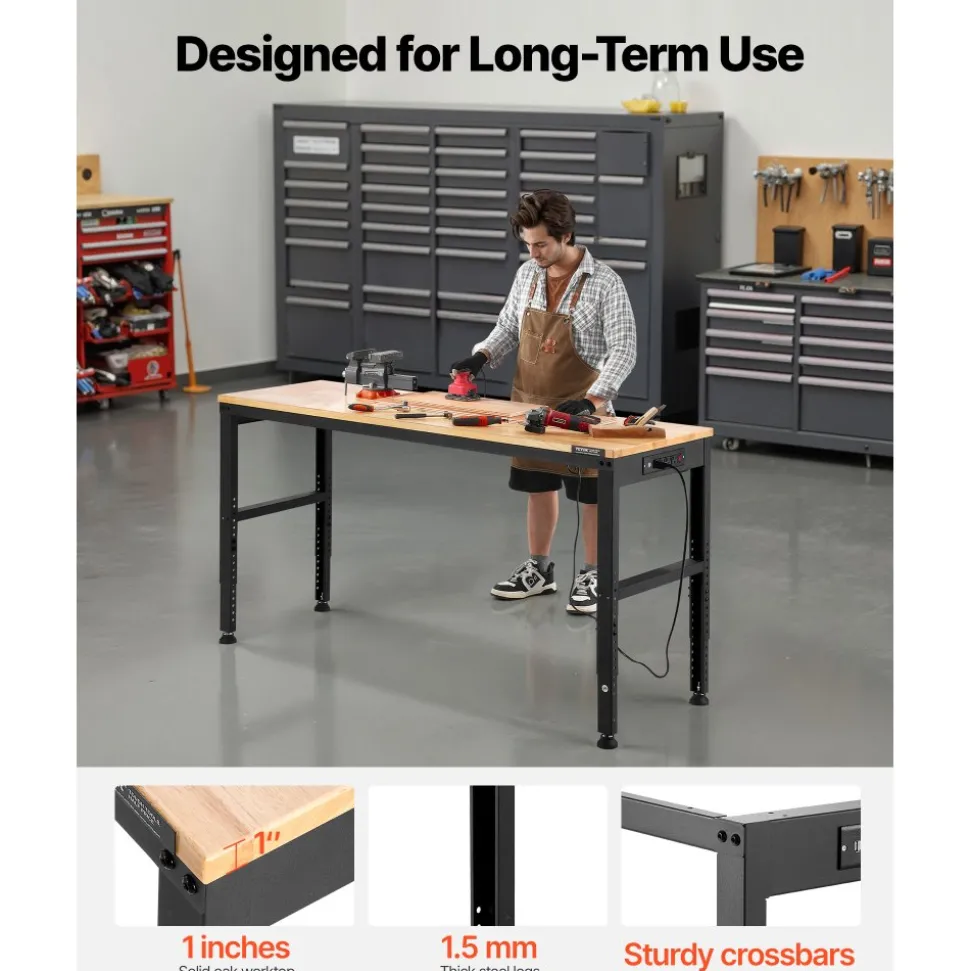 VEVOR Adjustable Workbench, 2000 lbs Capacity, 61 x 20-inch Heavy Duty Work Bench with 27.1-36 Inches Height Adjustment, Garage Workbench with Power Outlets, Suitable for Office, Garage, Workshop