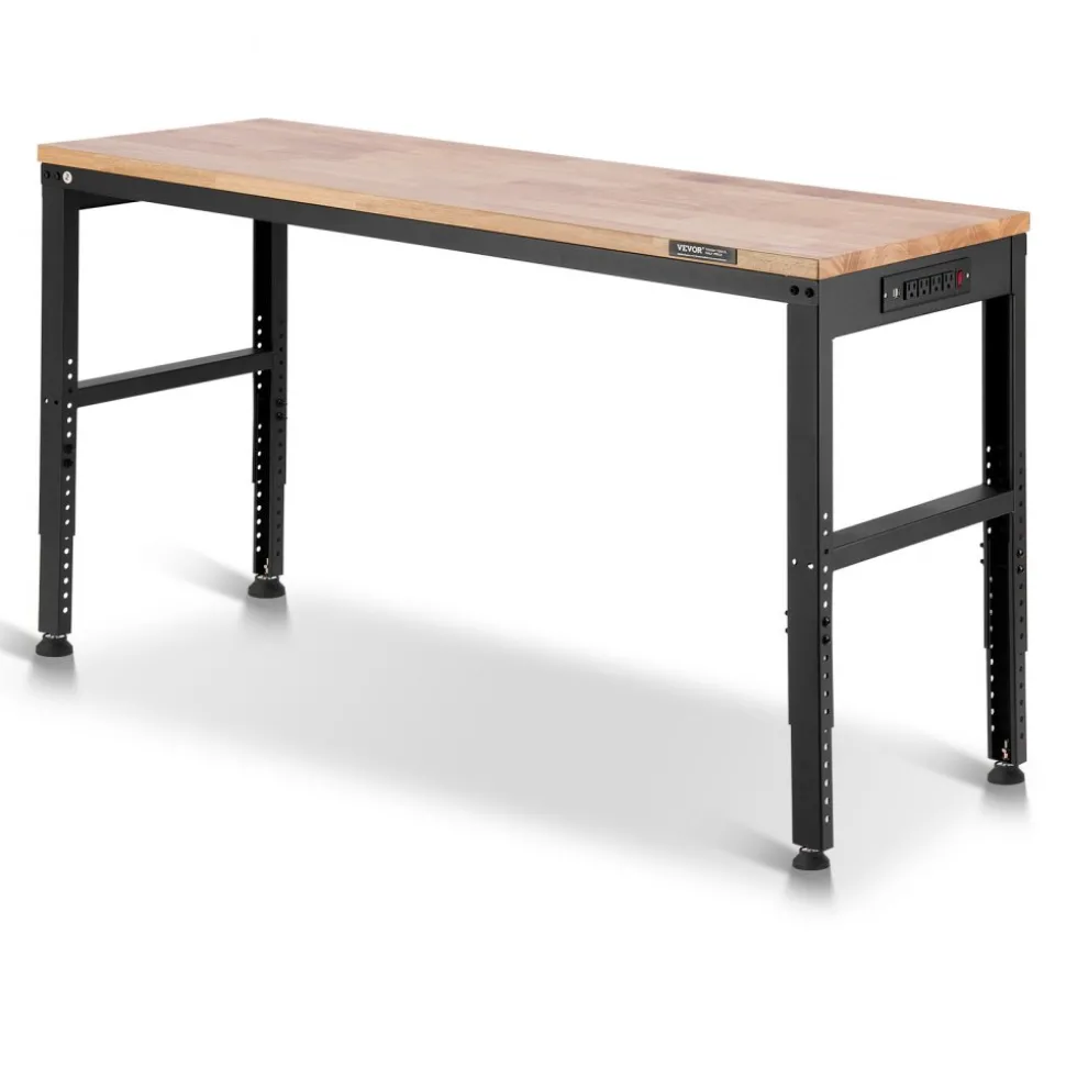 VEVOR Adjustable Workbench, 2000 lbs Capacity, 61 x 20-inch Heavy Duty Work Bench with 27.1-36 Inches Height Adjustment, Garage Workbench with Power Outlets, Suitable for Office, Garage, Workshop