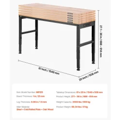 VEVOR Adjustable Workbench, 2000 lbs Capacity, 61 x 20-inch Heavy Duty Work Bench with 27.1-36 Inches Height Adjustment, Garage Workbench with Power Outlets, Suitable for Office, Garage, Workshop